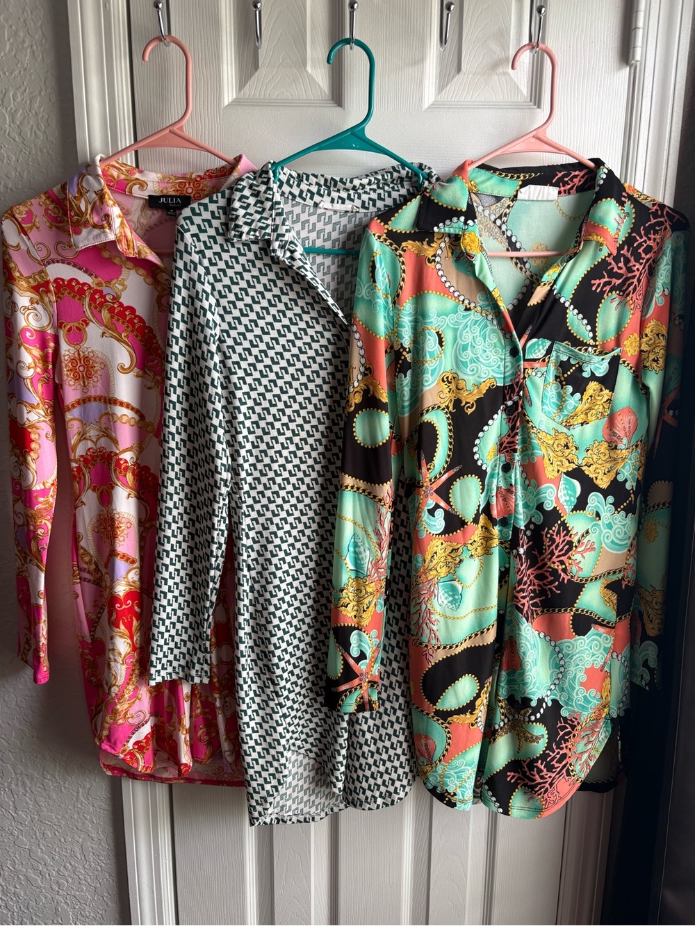 Set of 3-Women’s Printed Button Dresses – Pink, Black/White, and Aqua Multi